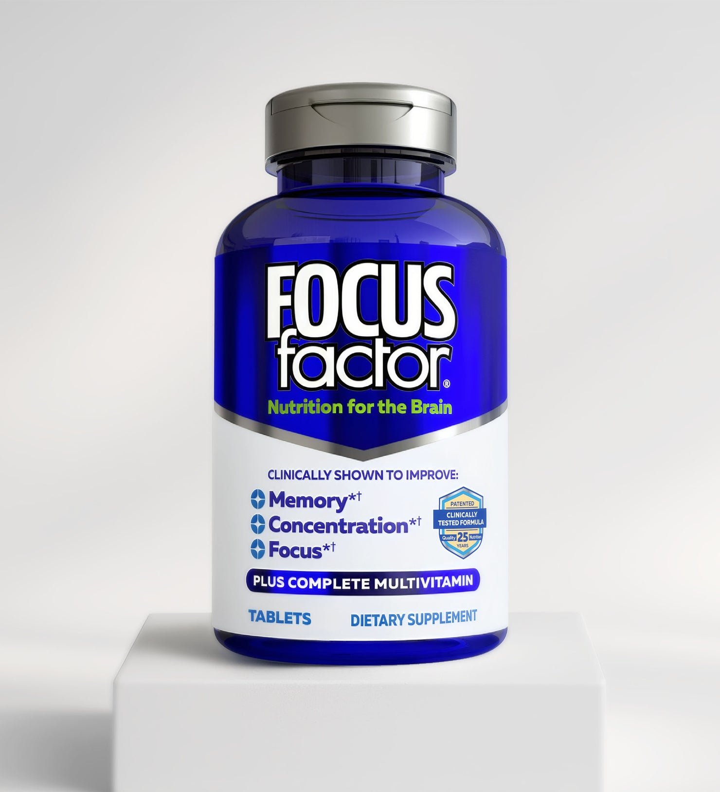 A blue and white bottle of Focus Factor® Clinically Tested Original Formula is shown on a white platform, labeled 